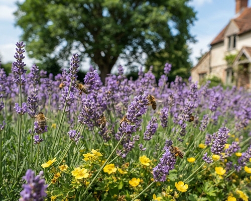 Abeilles butinant des fleurs de lavande en été, avec une maison en pierre à l'arrière-plan.