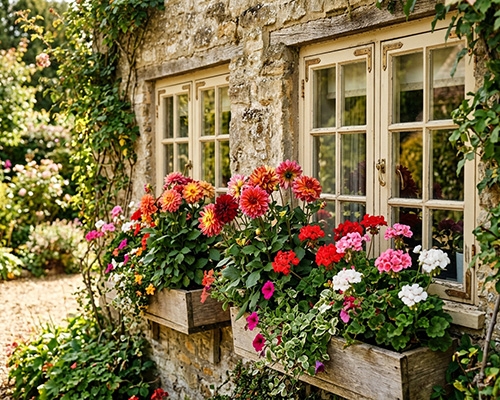 Deux jardinières en bois fleuries de dahlias et géraniums colorés sous des fenêtres en pierre dans un jardin rustique.