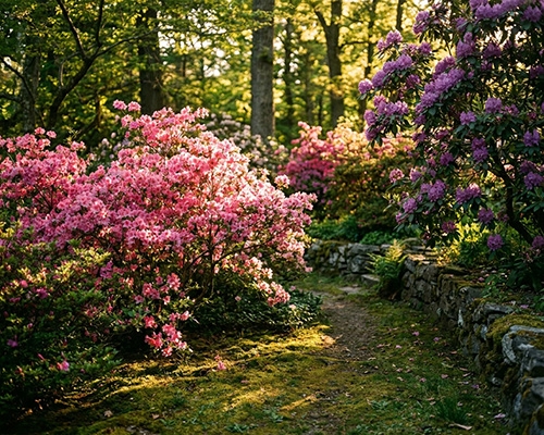 Sentier moussue dans un jardin boisé au coucher du soleil, bordé de rhododendrons roses et violets en fleurs.